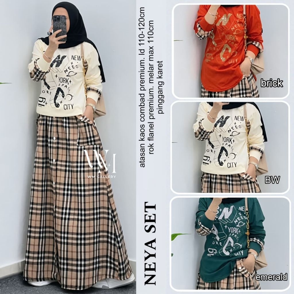 naffa setelan atasan dan celana by w&w tunik kaos lengan panjang rok panjang flanel skirt kotak kota