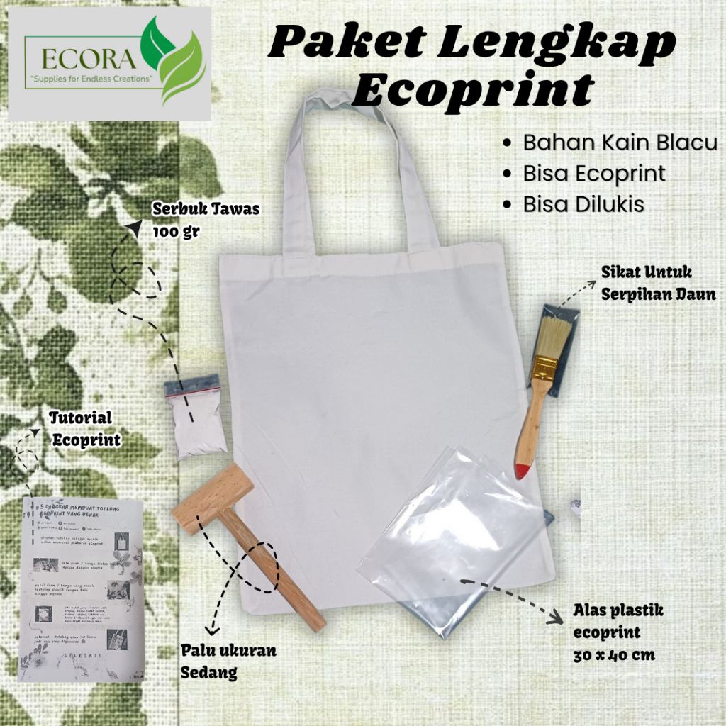 Paket Lengkap Ecoprint Tote Bag Kain Blacu Polos, Palu Sedang, Serbuk Tawas, Kuas dan Alas Plastik
