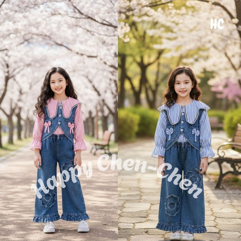 HAPPY CHEN-CHEN = SETELAN NANA 3IN1 ROMPI JEANS ANAK PEREMPUAN USIA 3-12 TAHUN / SETCEL BEST SELLER 