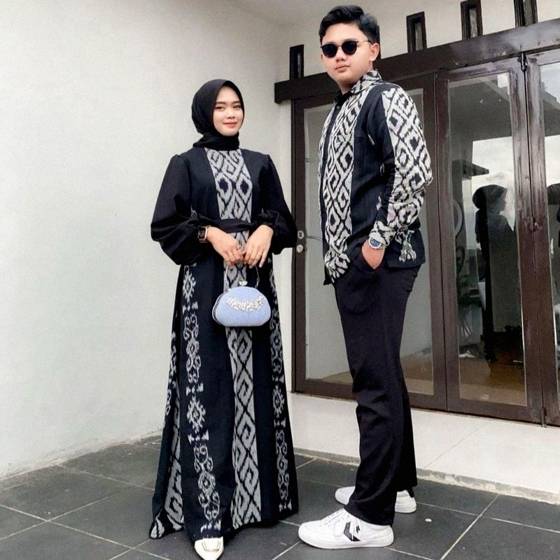 Gamis Couple Pasangan - Baju Tenun Motif Toraja Hitam - Gamis Hitam Kombinasi -Baju Lebaran Srmbitan