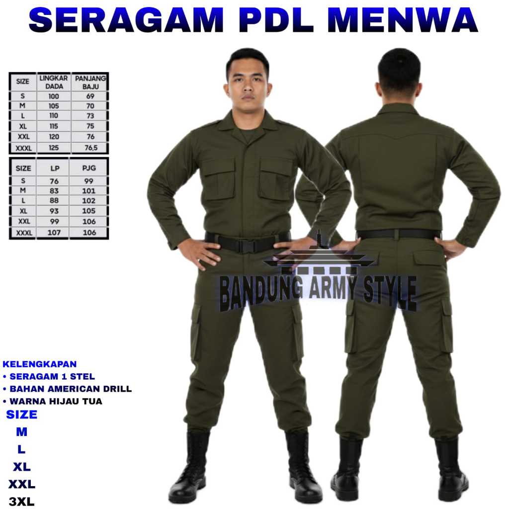 Setelan Baju Celana Seragam PDL Hijau MENWA | KORAMIL | TARUNA