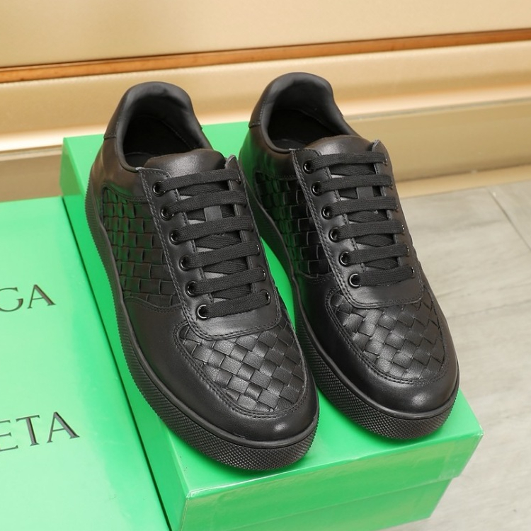 Bottega Veneta black woven casual board shoes for men, high-quality cowhide lace up sports shoes