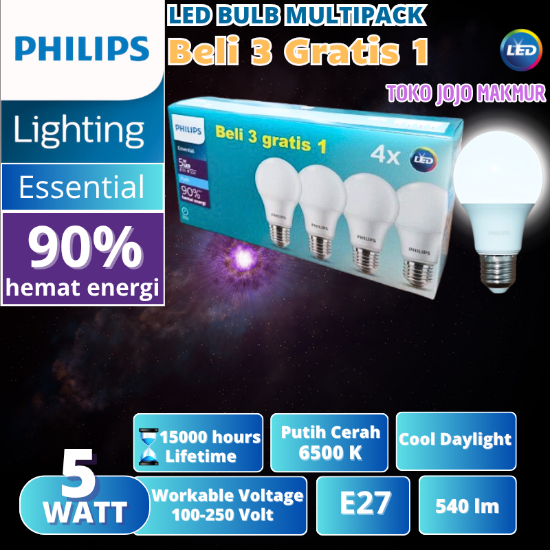 Lampu Philips LED Essential 5W Putih Philips 5 Watt Multipack Paket 3+1 Asli Bergaransi