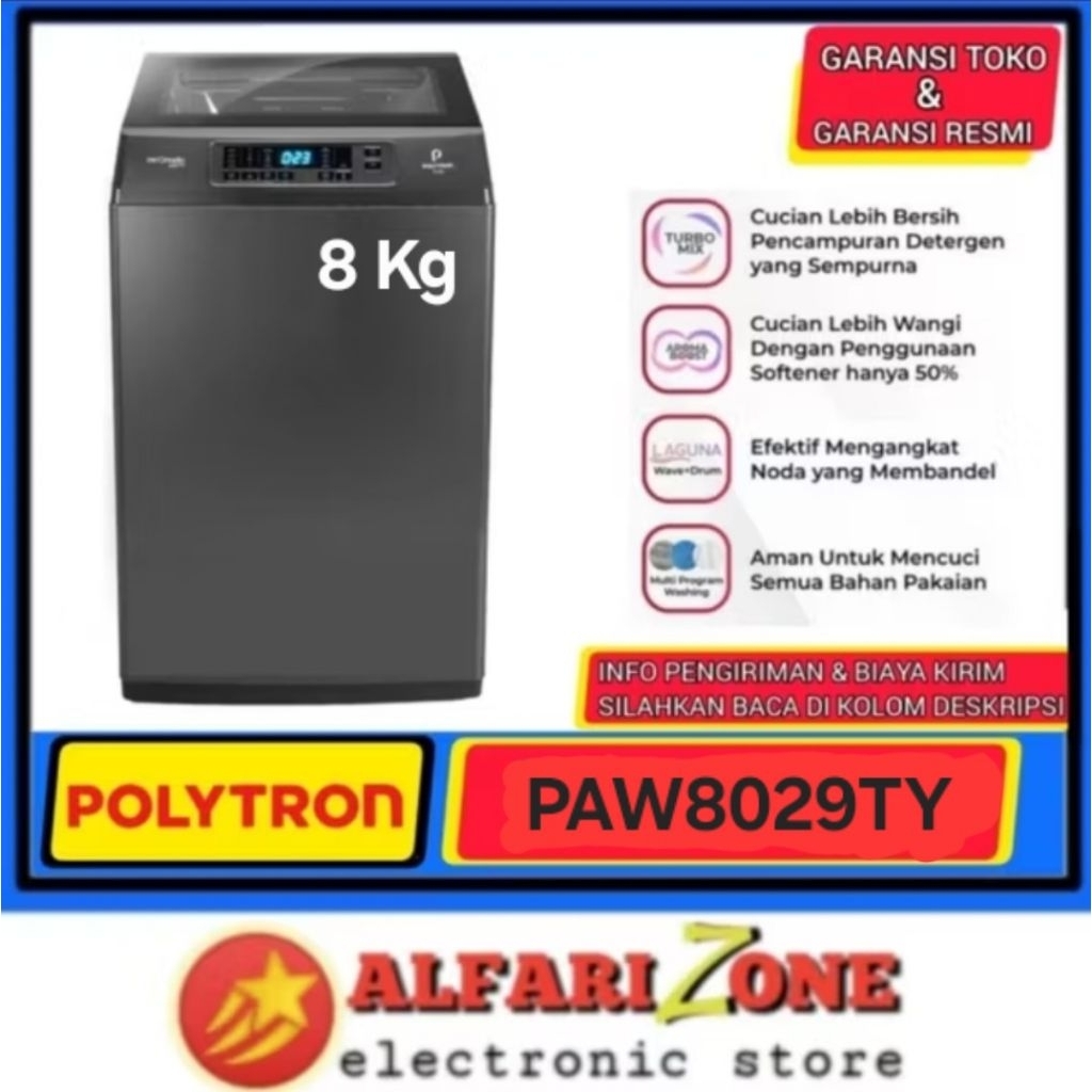 Mesin cuci Polytron 1 tabung 8 Kg PAW8029TY mesin cuci 8kg PAW8029