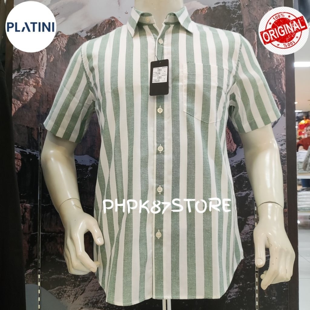 Platini kemeja pendek pria salur model slimfit, kemeja pria original