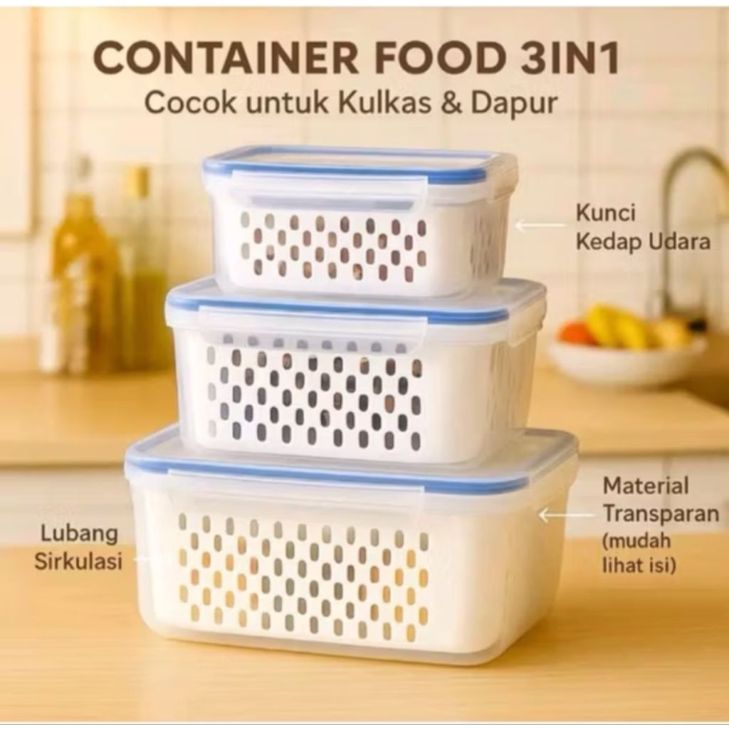 Kotak penyimpan makanan 1 set 3 pcs /food container dalam kulkas/wadah tirisan pakai tutup/box penyi