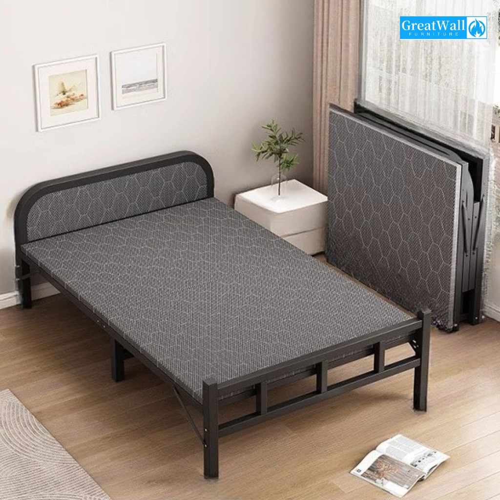 Tempat Tidur Besi Lipat Portable Nyaman Kuat Minimalis Tempat Tidur Single Rangka Besi Kokoh