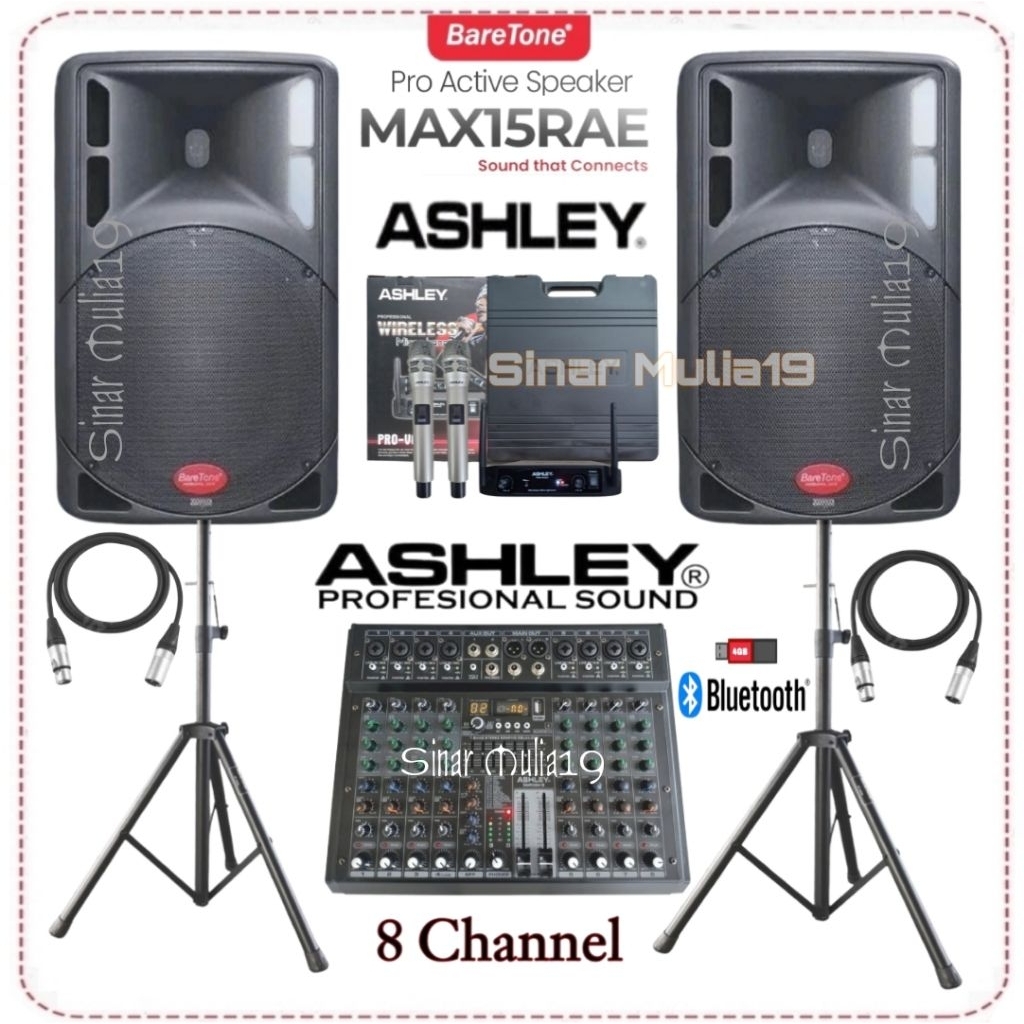 PROMO PAKET SOUND SYSTEM SPEAKER AKTIF 15 INCH BARETONE MAX15RAE MIXER ASHLEY 8 CH MIC WIRELESS ASHL