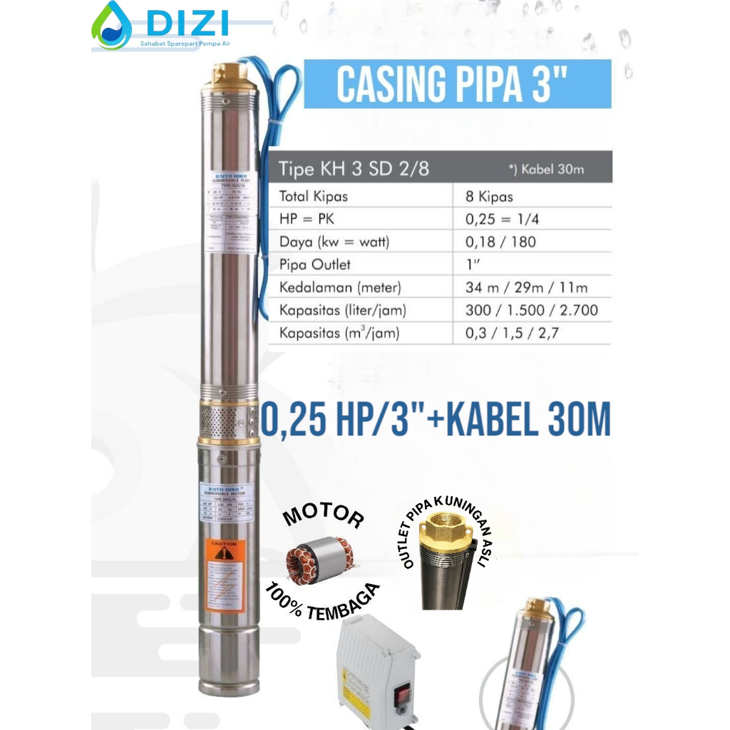 Kaito Hiro 3" 0,25 hp + kabel 30m Pompa Satelit Submersible