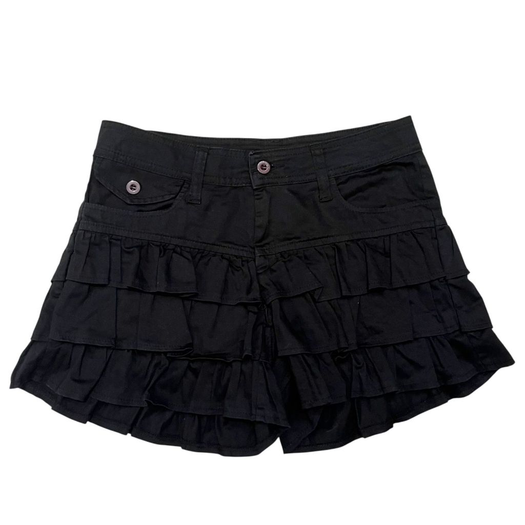 Tiered Black Denim Ruffle Dark Coquette Lolita Black Mini Skort | Rampel rok celana pendek rokcel sh