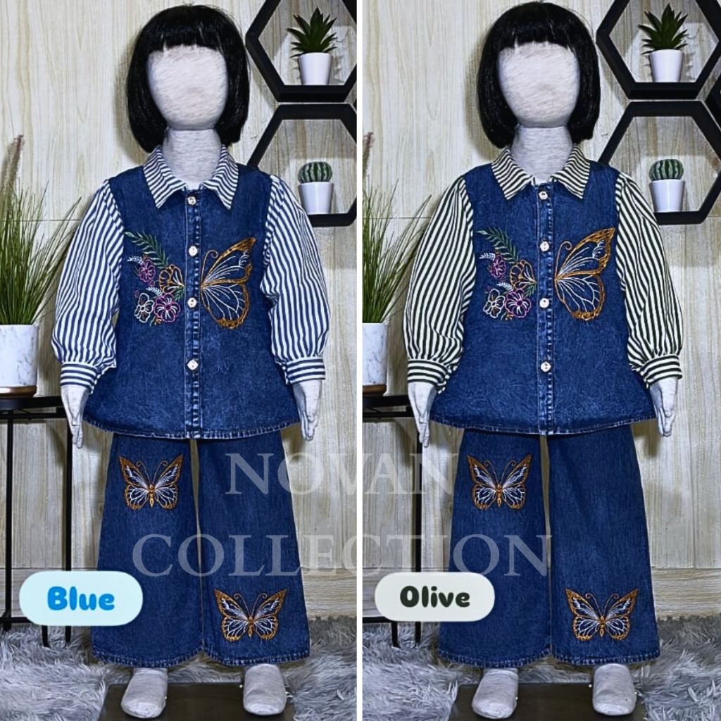 Stelan jeans anak perempuan motif salur kombinasi kupu kupu bordir usia 3 - 11 tahun set jeans anak 