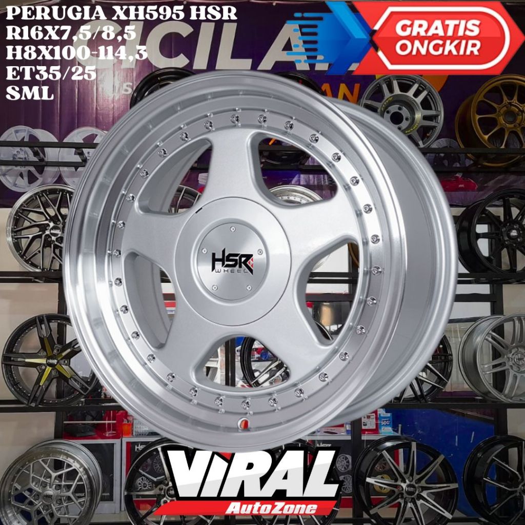 Velg Mobil Celong Ring 16 HSR PERUGIA R16 Lebar 7,5/8,5 Lobang 4 Et35/25 Silver Polish