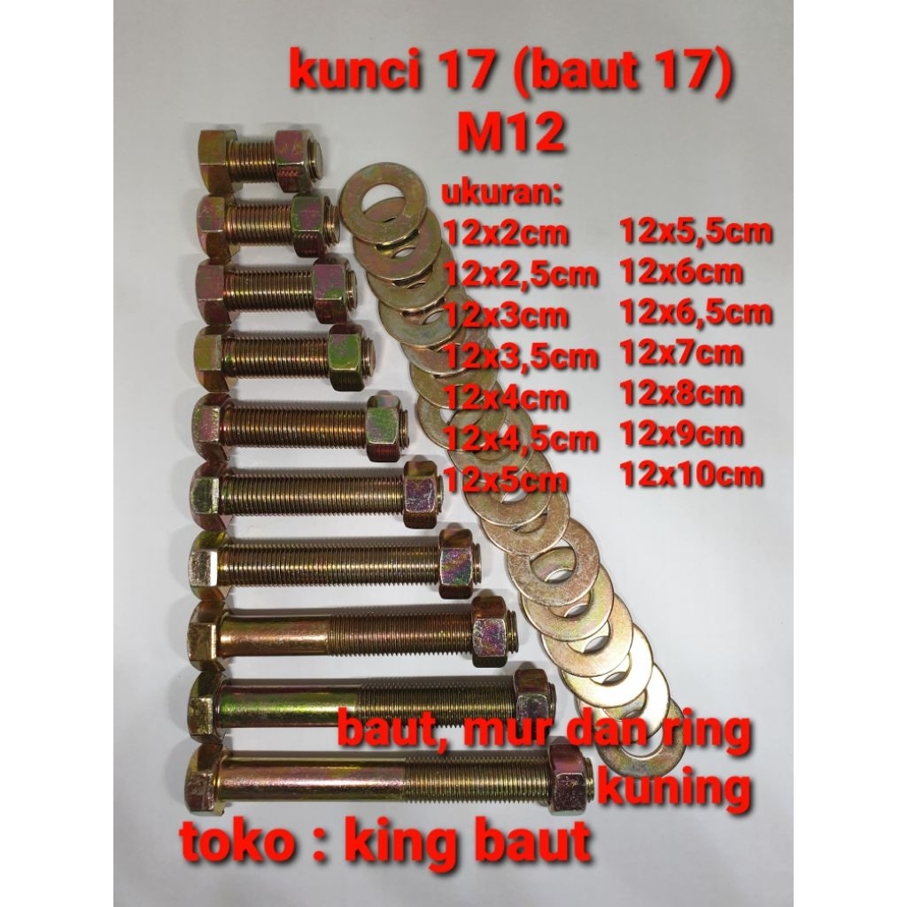 (paket 10 set) baut 17 (12mm) x ( 2cm - 10cm) (baut mur ring)