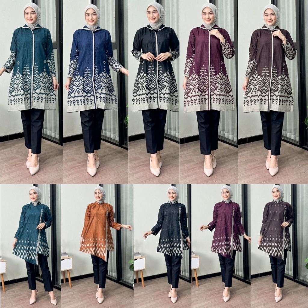Tunik Batik Wanita - Terlaris  Ekslusive Batik Tunik Wanita Modern Resleting Belakang Motif Azura & 