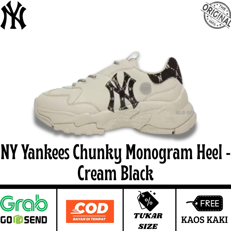 NY Yankees Chunky Monogram Heel Sneaker Cream Black Original