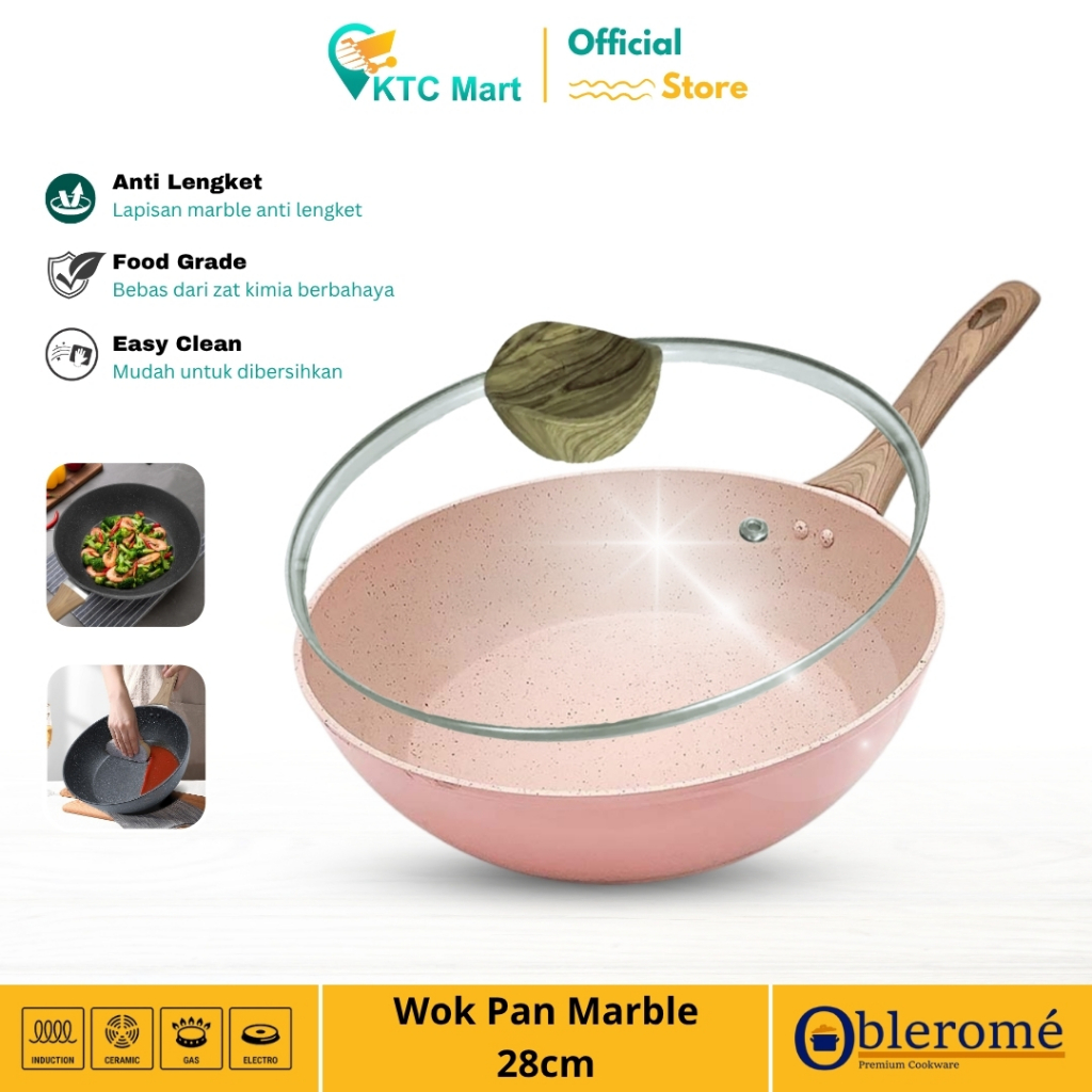 OBLEROME - Deep Pan Marble Granite 28 CM + Tutup Kaca Wok Pan Granite| Premium Cookware