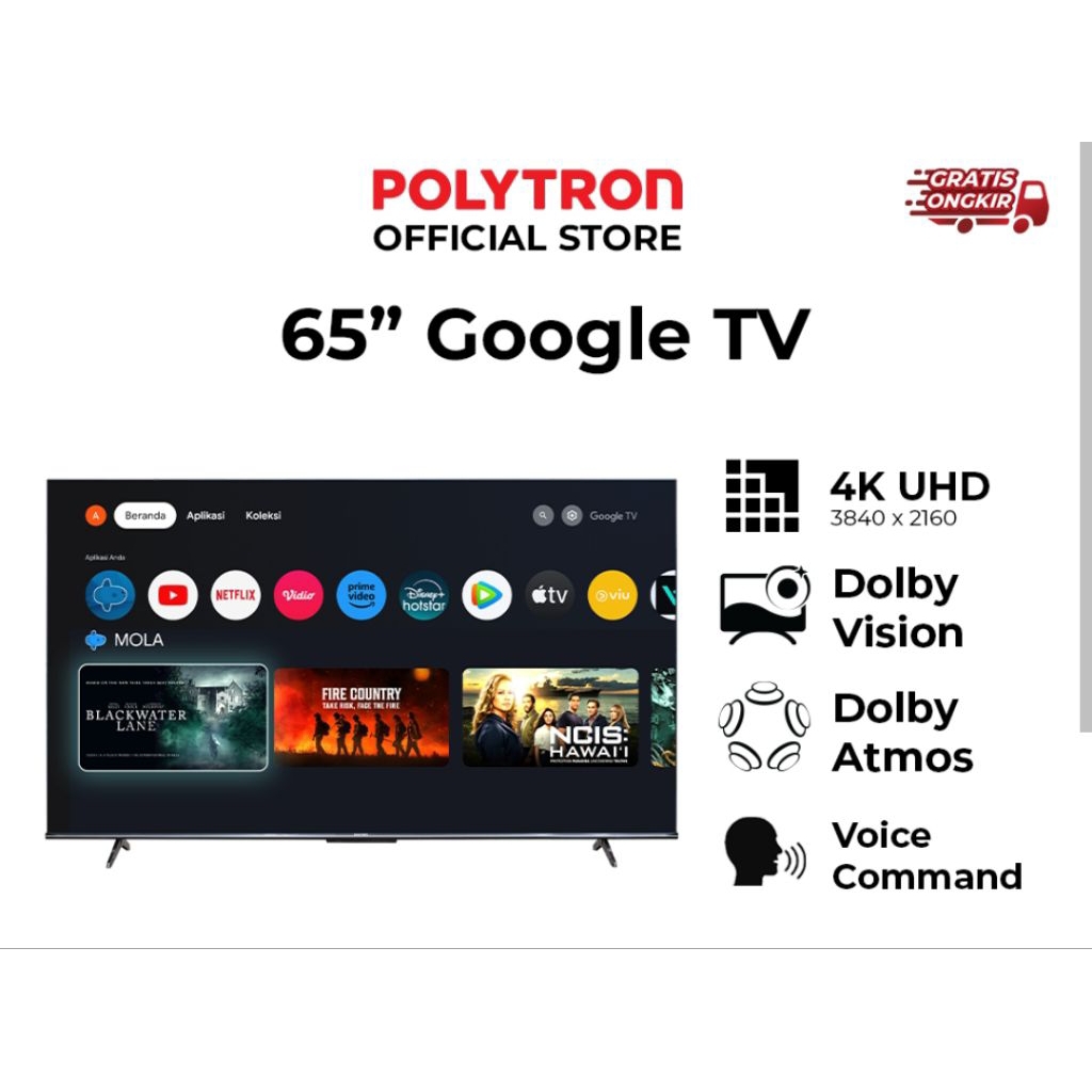 led polytron 65" 4k smart android tv mola tv internet ultra hd youtube dvb t2 dvb s2 usb movie hdmi 