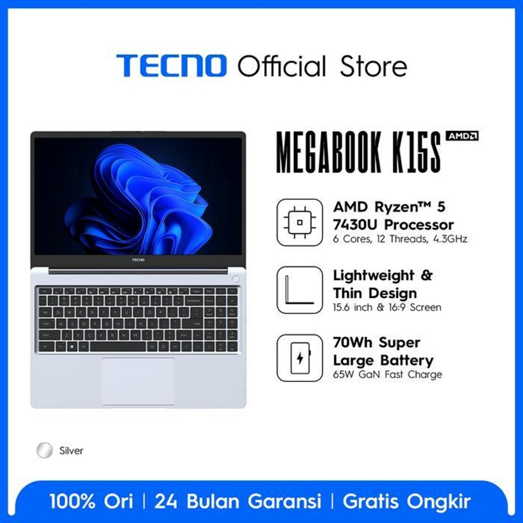 LAPTOP TECNO MEGABOOK K15S RYZEN 5 7430 8GB 512GB W11 15.6 FHD IPS