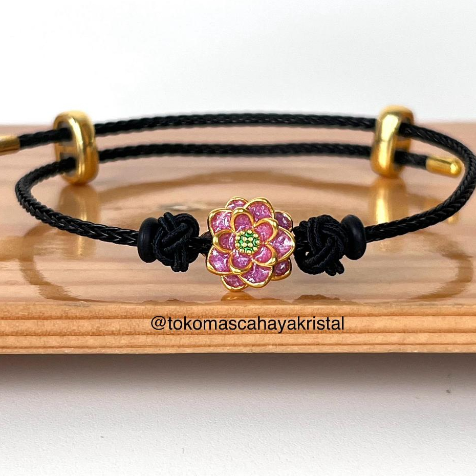 Gelang Tali Emas Charm Teratai Ungu / Bunga Lotus24k HK 999% - Gold Charm Bracelet