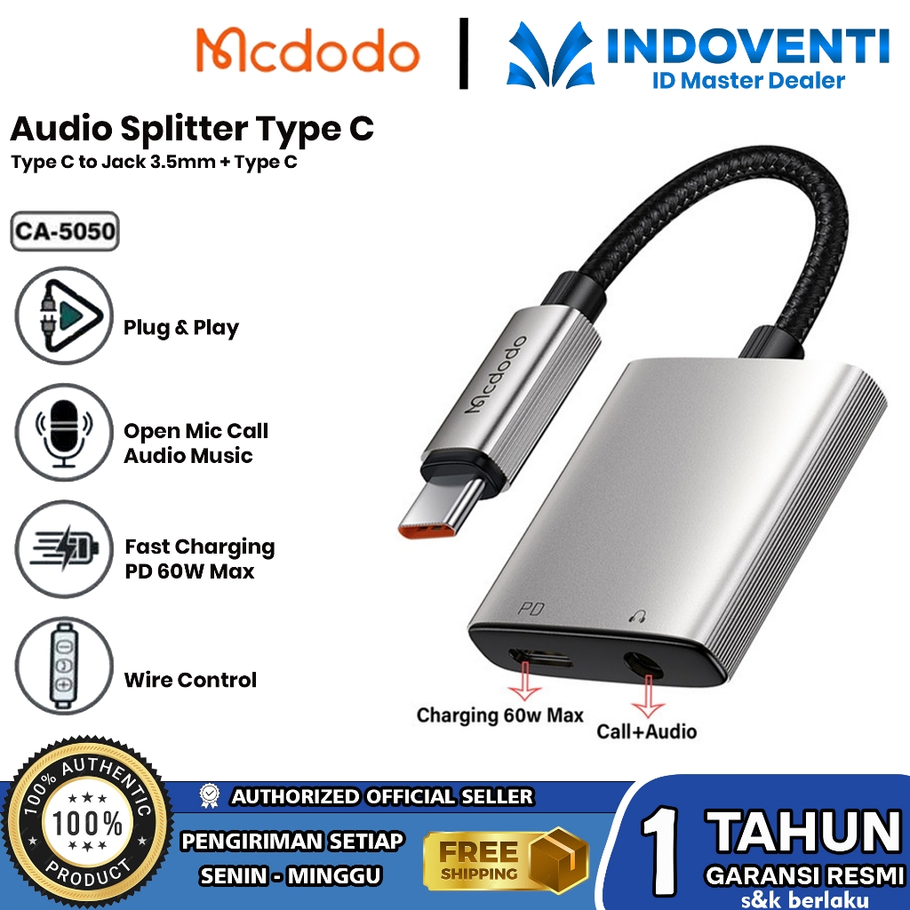 MCDODO Converter Splitter Type C to Audio Jack 3.5mm Type C to Audio Call + Type C Fast Charging