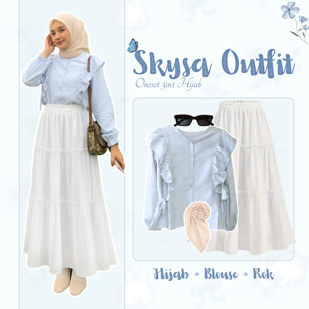 Outfit satu set oneset ( Blouse ruffle + Rok Susun + Hijab + kacamata ) setelan wanita DM0144N korea