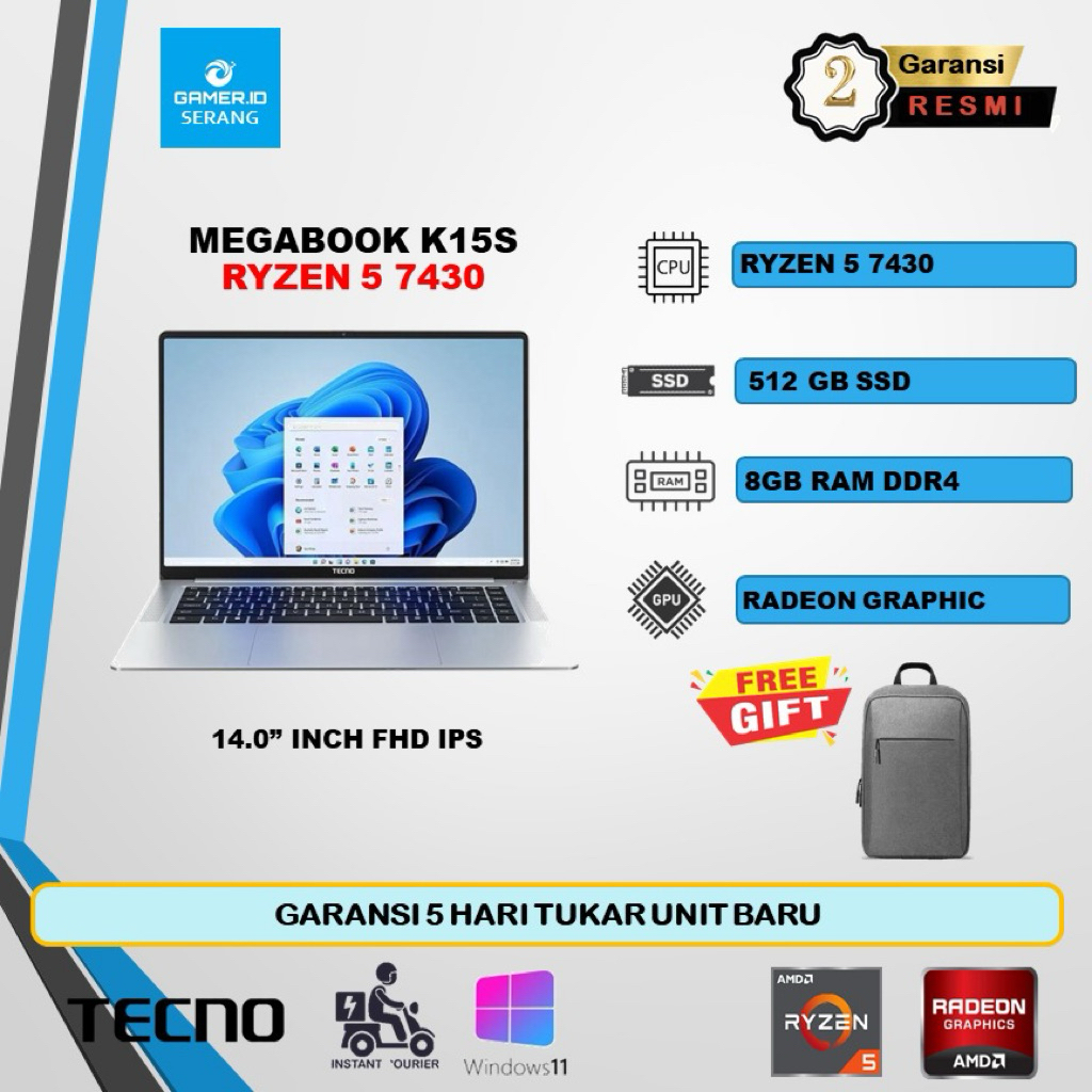 TECNO MEGABOOK K15S RYZEN 5 7430 8GB 512GB W11 15.6 FHD IPS RESMI
