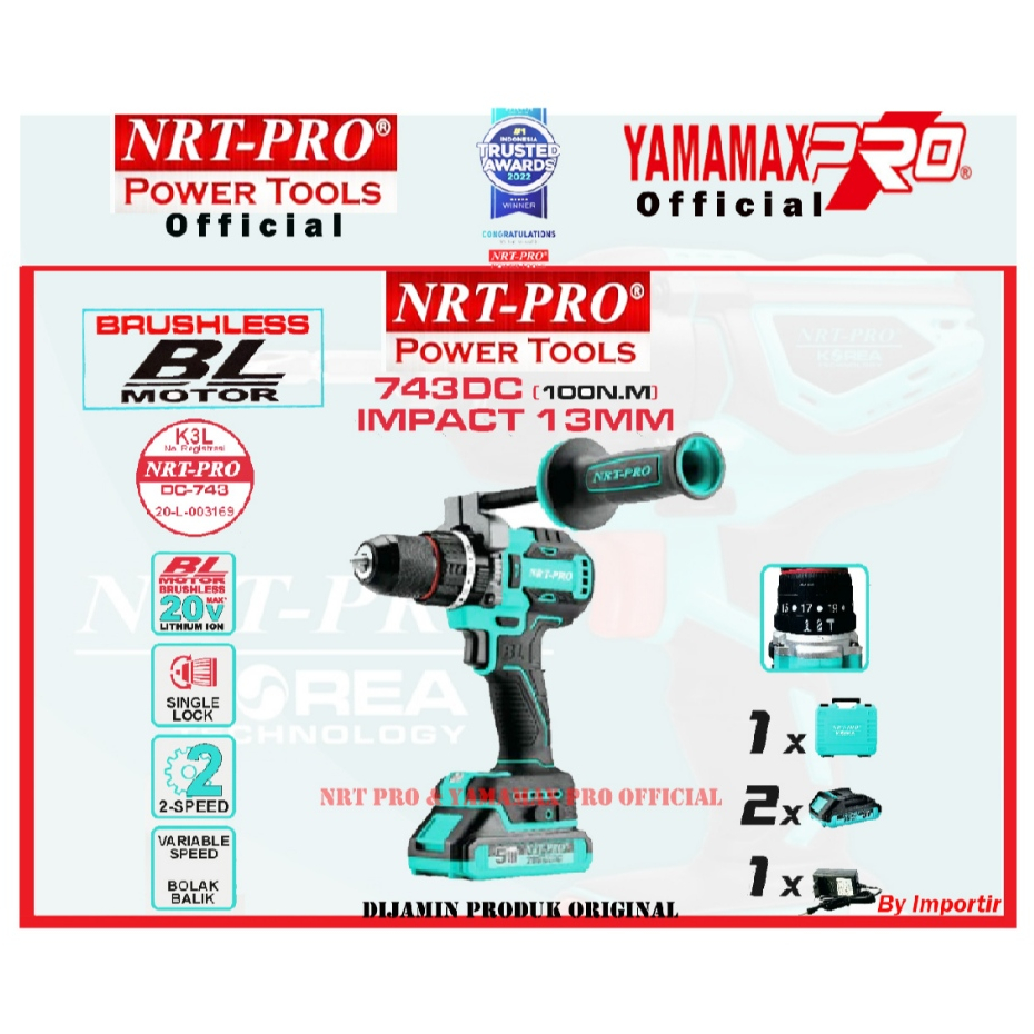 NRT PRO 743 DC Mesin Bor Cordless Impact Drill 13MM 20V Brushless Motor Bor Tangan Baterai 743DC
