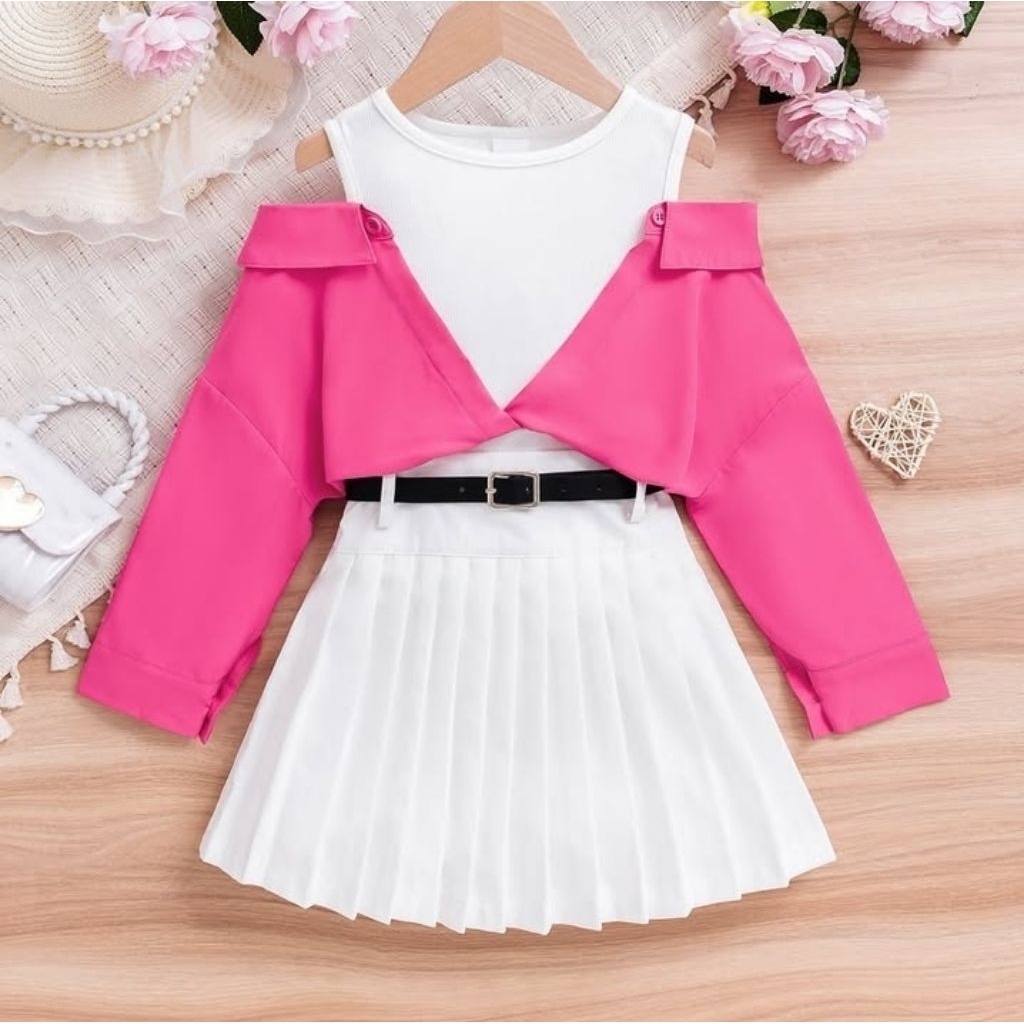 littleflamingo Setelan baju + rok plisket + belt anak perempuan
