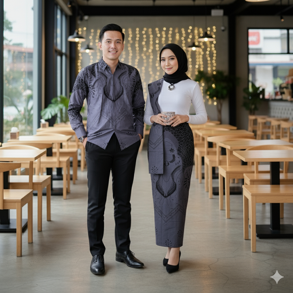 Galeri Batik Ardev - Couple Sarimbit Rok & Kemeja Slim Fit Warna Abu-abu Bahan Katun Motif Mahatma