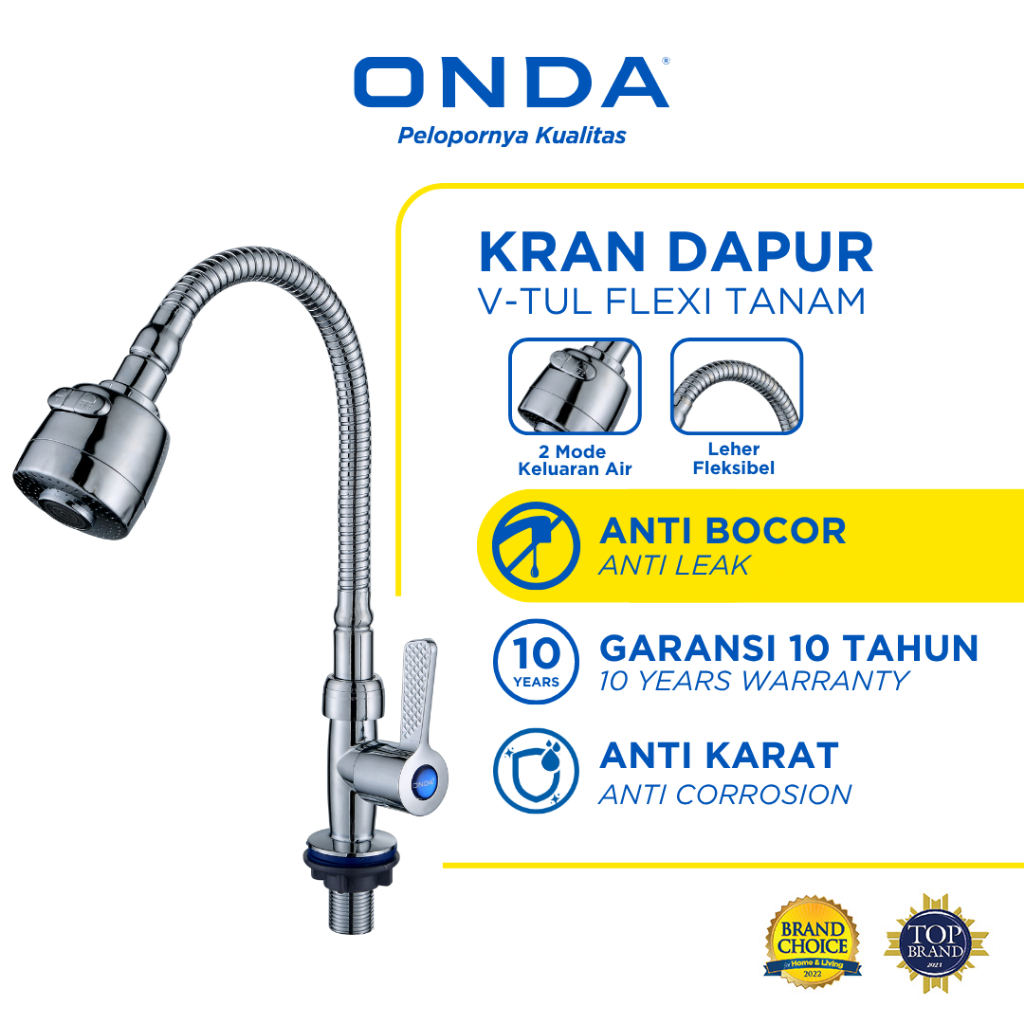 ONDA Kran Dapur Cuci Piring V-TUL FLEXI Tanam 1/2 In Keran Dapur Leher Angsa Fleksibel