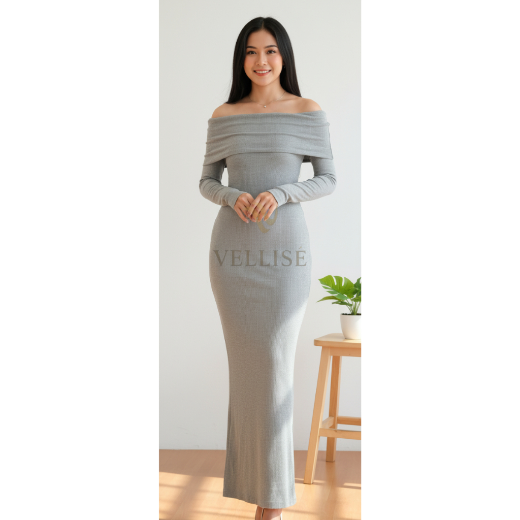 Dress Wanita Shoulder Off / Dress Knit Shoulder Off / Dress Wanita Tanpa Bahu Lengan Panjang / Knit 