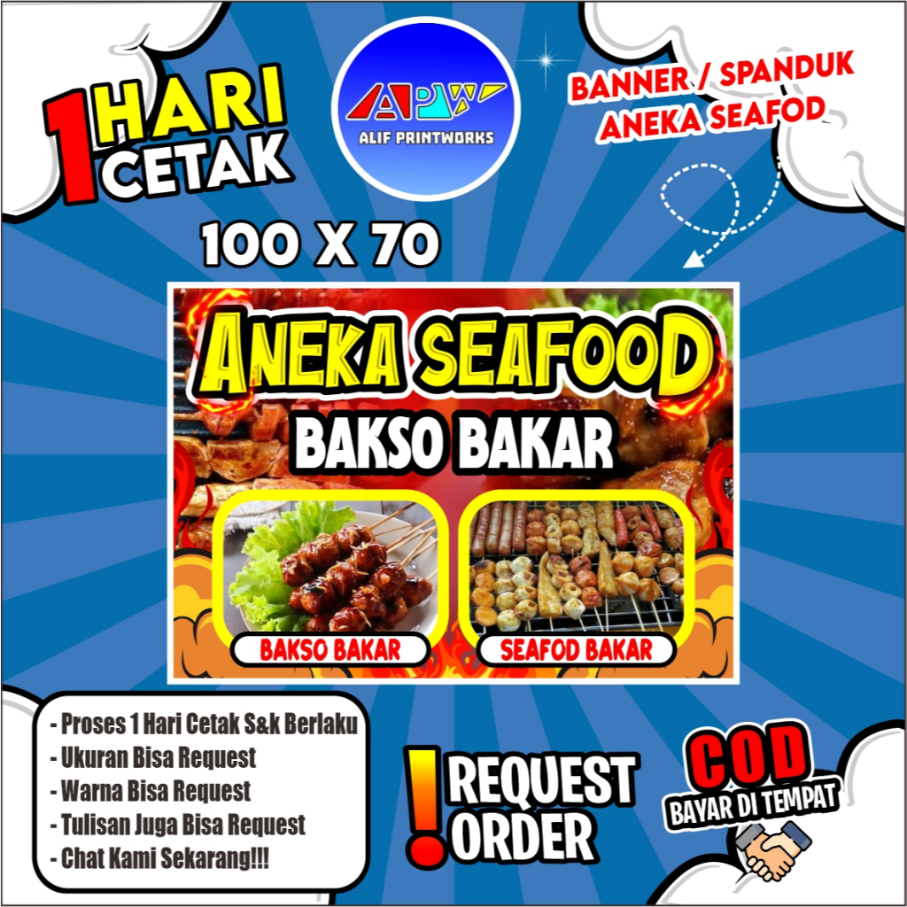 Spanduk ANEKA SEAFOOD UKURAN 100X70 cm / Banner ANEKA SEAFOOD & BAKSO BAKAR UKURAN 100X70 CM