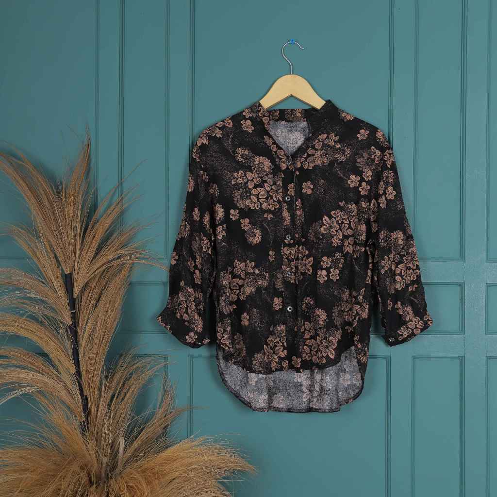 Atasan Kemeja Wanita Rayon Gold Premium Lengan Panjang Motif Bunga Berkancing