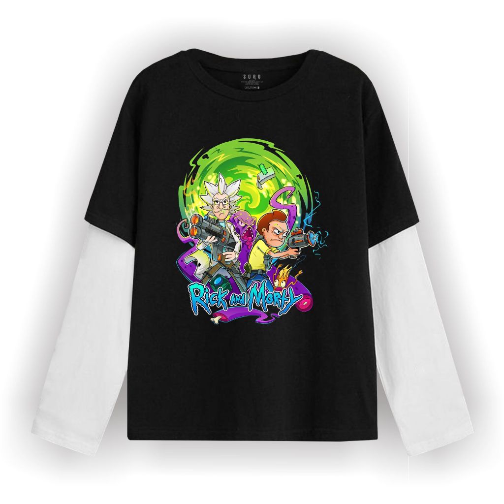 Apage T-shirt Double layer rick and morty kaos musik long sleeve pria wanita unisex