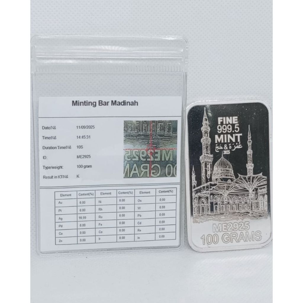 Silver Bar  1 gr 5 gr 10 gr 25 gr 50 gr 100 Gr 250 gr 999.5 Fine Mint Madinah ME2925 Sertifikat Asli
