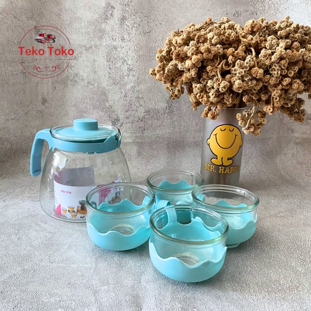 Teapot Set 5 Pcs HC / Teko set kaca / Cangkir kopi / Desain Unik dan Elegan | Gelas Kaca Mini Cantik