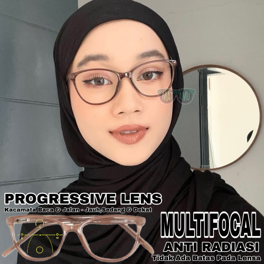 Kacamata Progresif Antiradiasi Cat Eye Wanita Muka Kecil | Kacamata Baca & Jalan | Kacamata Progresi