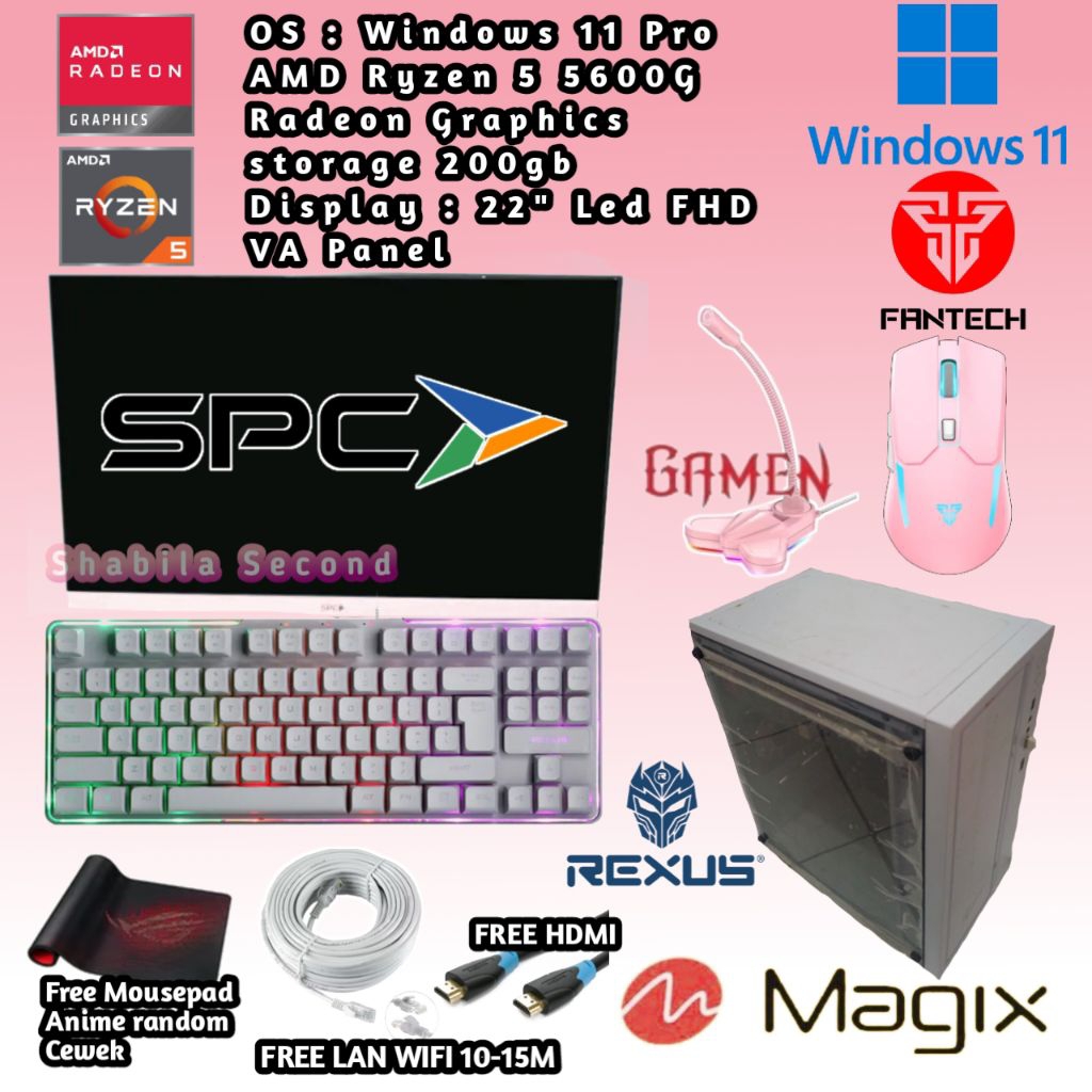 PC GAMING MASIH BAGUS Fullset (second) Magix AMD Ryzen 5 5600G 16GB W11 22" Led HD