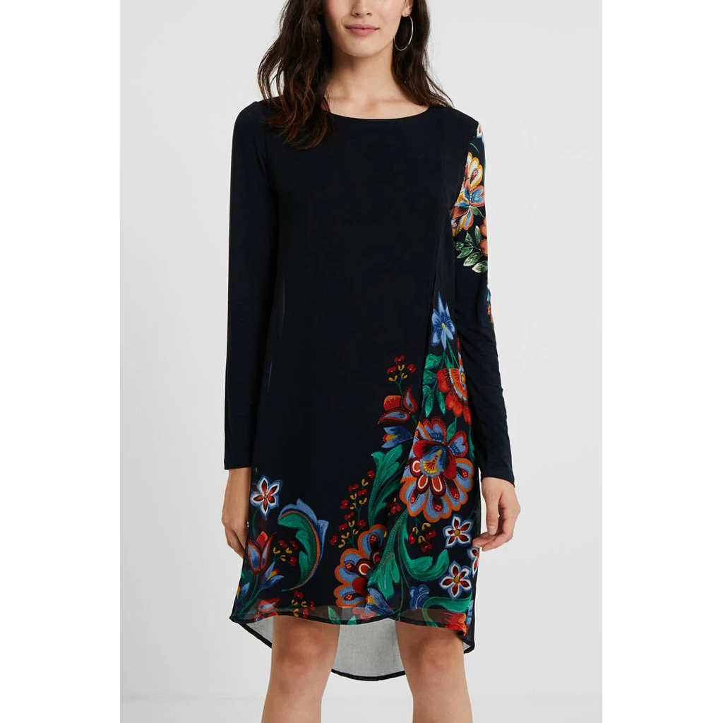 𝙋𝙍𝙀𝙇𝙊𝙑𝙀𝘿 Desigual Black Multilayer Floral Print Long Sleeve Midi Dress Fashion Wanita
