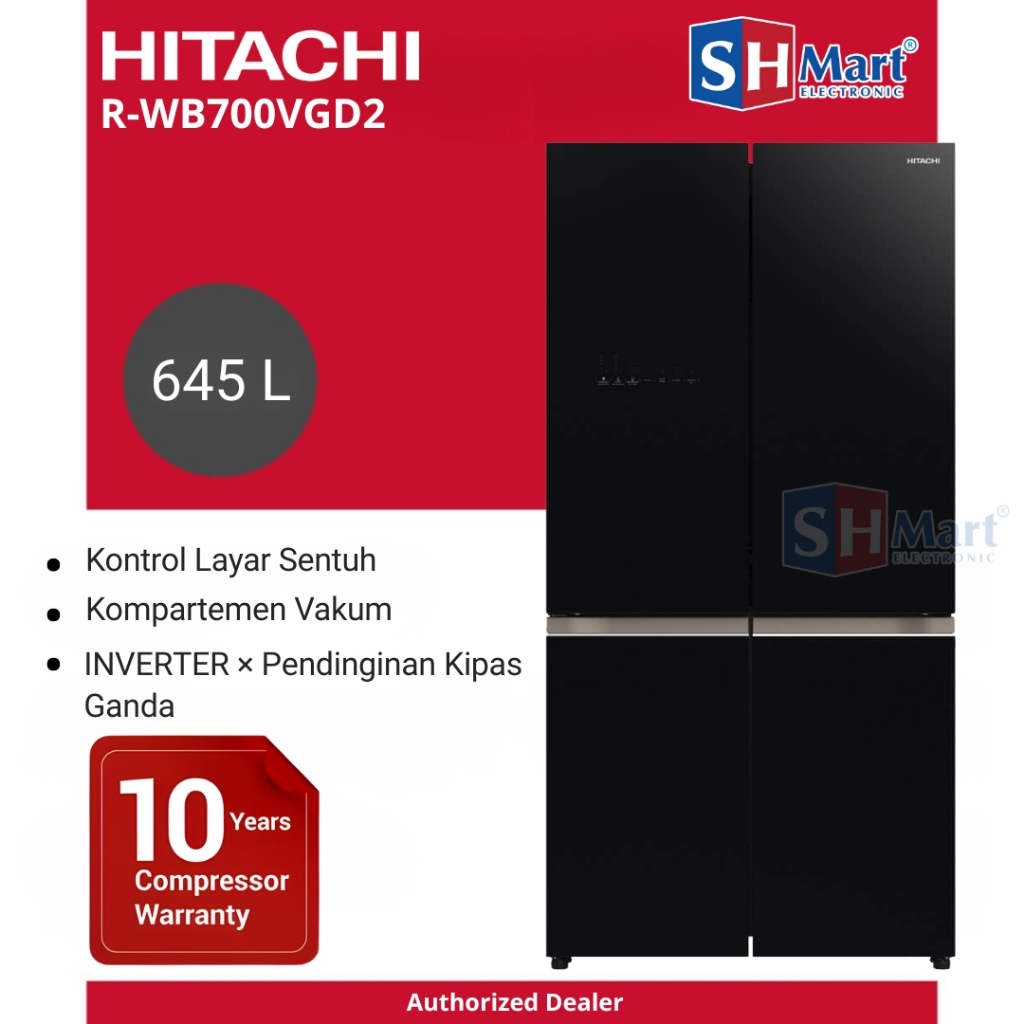 KULKAS HITACHI 4 PINTU R-WB700VGD2 / RWB700VGD2 KAPASITAS 645 LITER INVERTER GLASS BLACK GARANSI RES