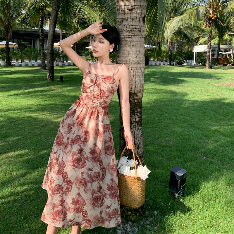 EMITA BLOOM merah floral dress panjang summer korean style dress pantai sexy elegant natal wanita ke