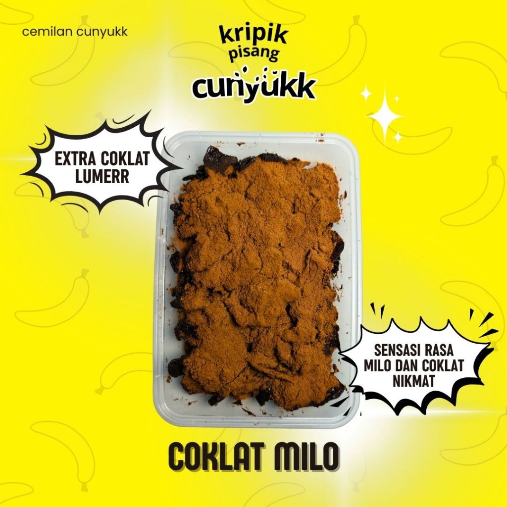 Kripik pisang cunyuk coklat lumer taburan Milo 500 ML- kripik pisang viral bersahaja manisnya