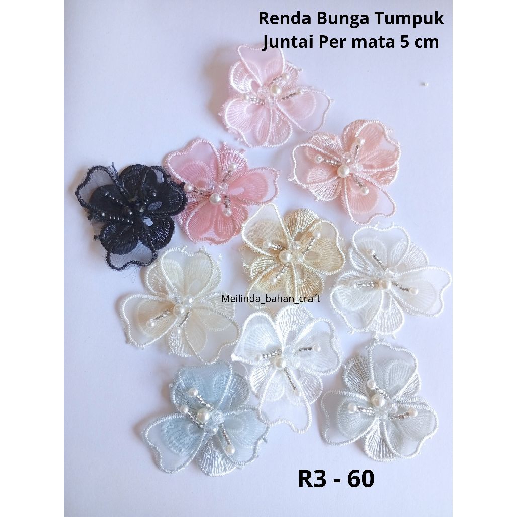 (1 pcs) RENDA BUNGA BORDIR TUMPUK PERMATA / RENDA BUNGA PREMIUM / RENDA BUNGA KORSASE / BROS BUNGA