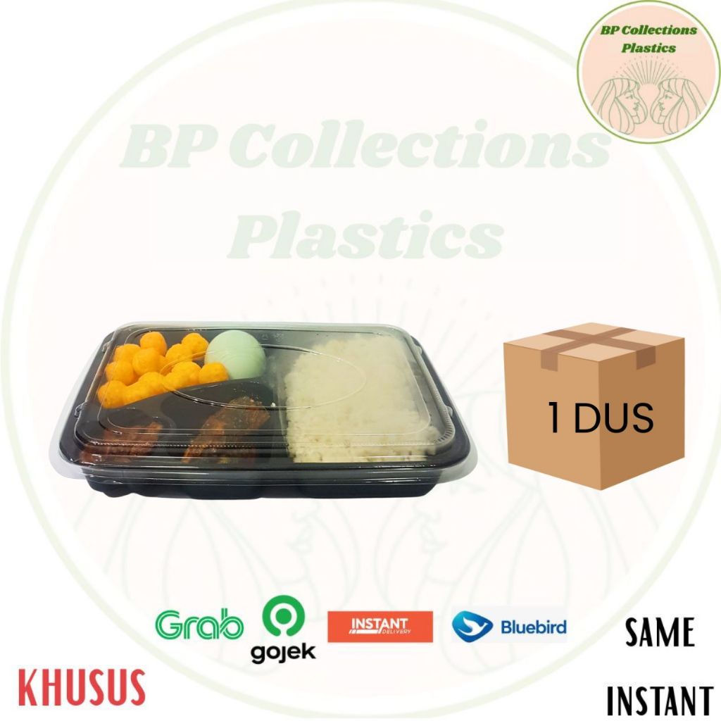 1 DUS 400 pcs MIKA BENTO SEKAT 4 KOTAK TRAY BOX HITAM TEBAL KOTAK NASI THINWALL BENTO GOJEK