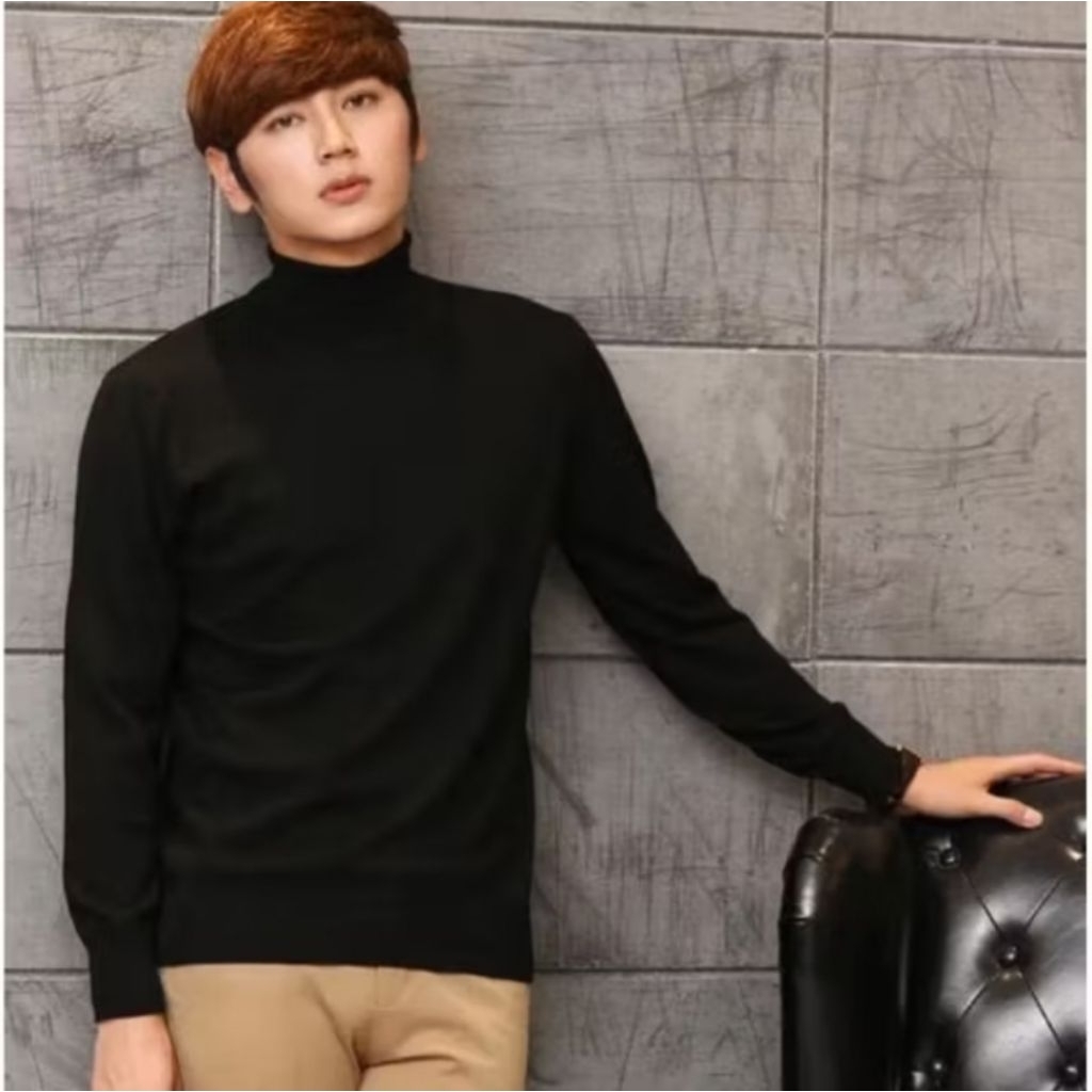 BAJU KOREA TURTLENECK HITAM - Kaos polos pria lengan panjang kerah tinggi turtle neck distro