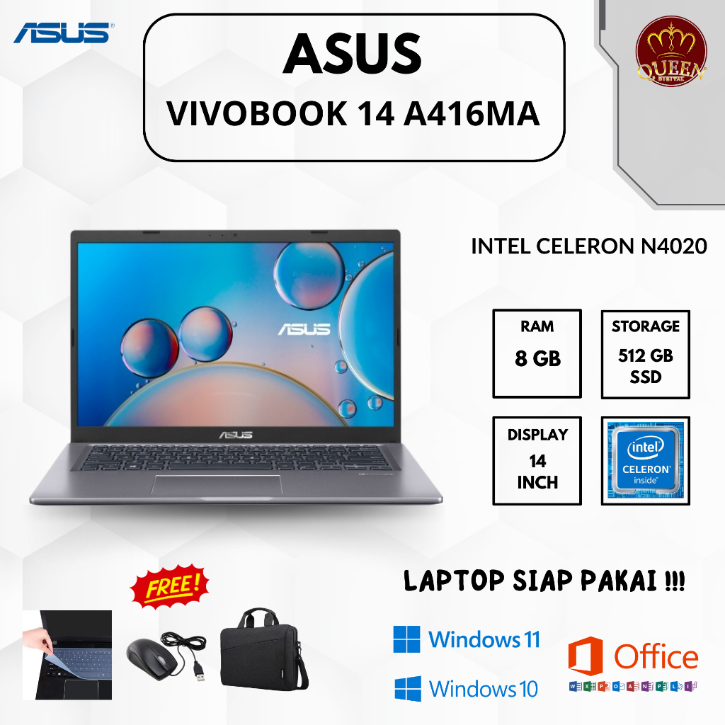 ASUS VIVOBOOK A416MA | INTEL CELERON N4020 | 8GB RAM | SSD 512GB | 14 INCH