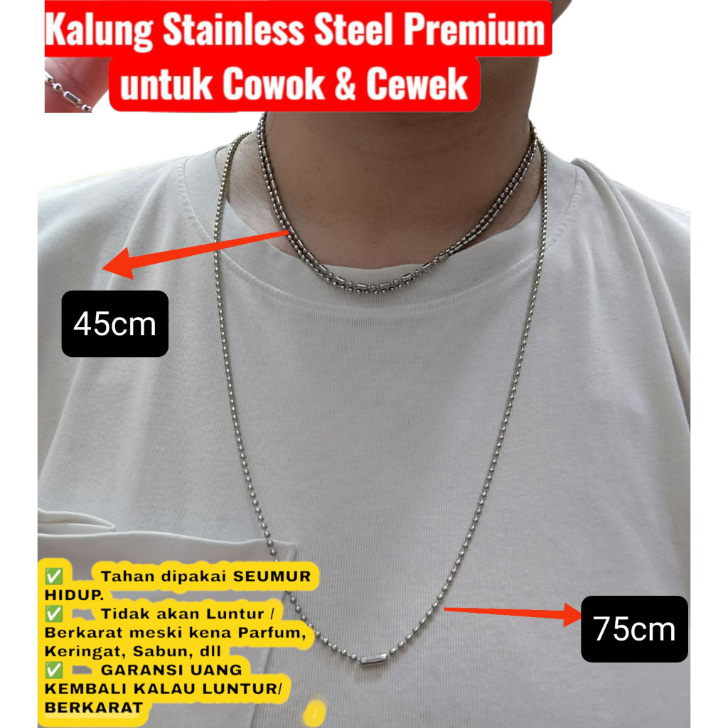 Kalung Stainless Steel Premium ANTI KARAT Cowok & Cewek Panjang 45cm & 75cm / Kalung MCI Titanium
