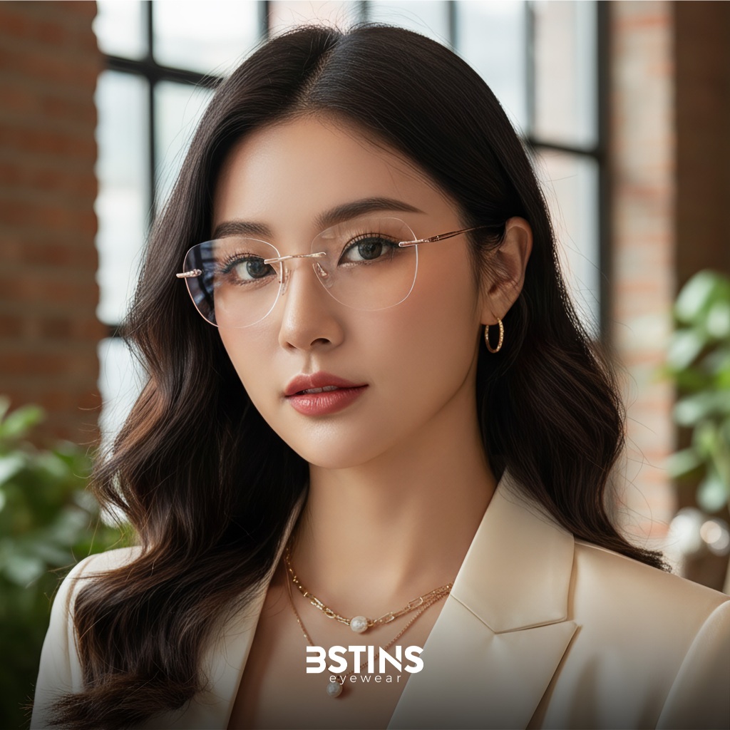 Bstins Kacamata photocromic Minus Wanita Bahan Metal Ringan dan Lentur Elegant Semi Rimless 6220
