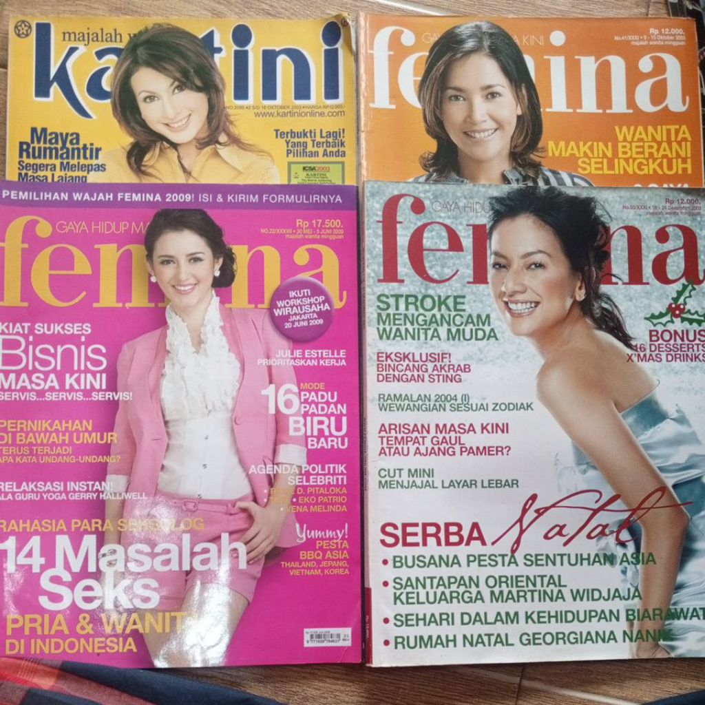 majalah FEMINA, Kartini, Kartika, Sartika, paras,  tahun campur, kondisi baik, used seken bekas prel