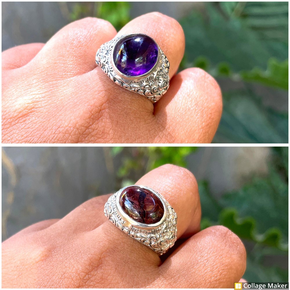 Cincin Ring Perak Silver Bali 925 Motif Ukir Tunjung Batu Natural Amethyst Kecung Wulung Akik Wanita
